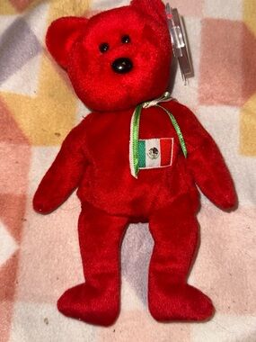 Ty Red Plush Bear with Mexican Flag Patch Onsito